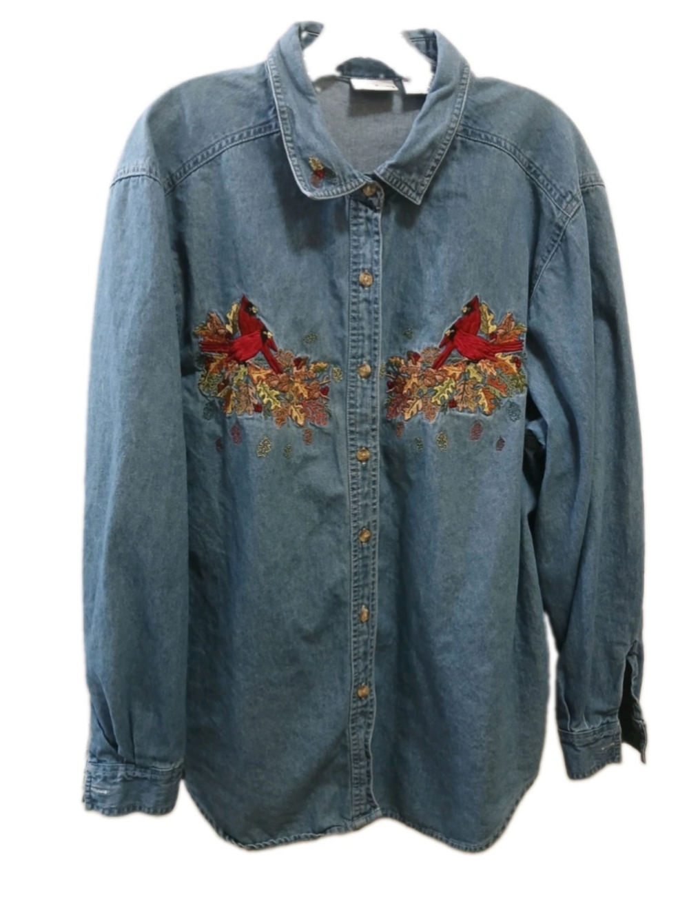 VTG Bobbie Brooks Womens Denim Top Sz XL Embroidered Cardinals Fall Leaves 90s